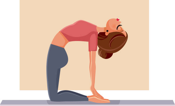 Woman in Camel Pose Doing Yoga on a Mat Girl exercising practicing stretching for flexibility ustrasana stock illustrations