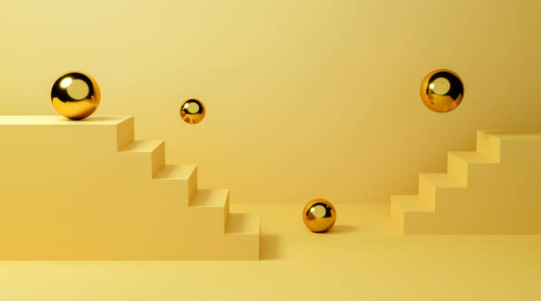 3d stairs up. Gold stairs up and wall background for banner and product presentation. Side view of stairway geometrical abstract with golden sphere metal. 3D rendering design. Staircase interior. escaleras 3d hacia arriba. escaleras de oro arriba y fondo de pared para la presentación del banner y el producto. vista lateral del abstracto geométrico de la escalera con el metal de esfera dorada. diseño de renderizado 3d. escalera interior.