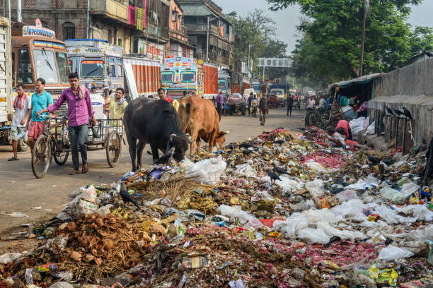 Pile of garbage on the street in Kolkata. India stock photo