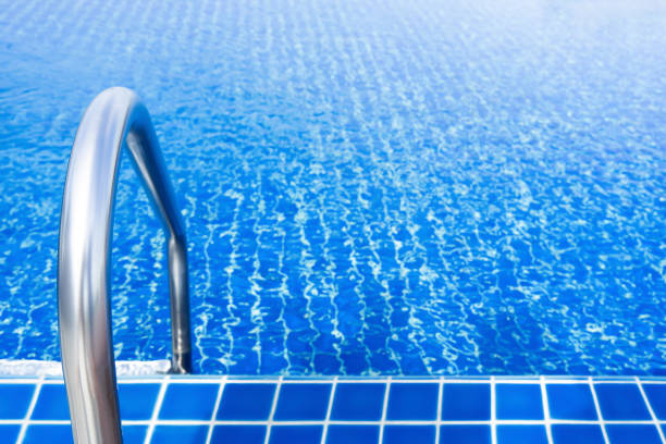 istock Grab bars stainless in the blue swimming pool 1208494884
