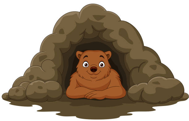 мультфильм счастливый бурый медведь в пещере - winter cave bear hibernation stock illustrations