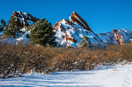 Roxborough State park after a new snow on a bluebird Colorado Day