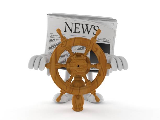 Newspaper character holding ship wheel