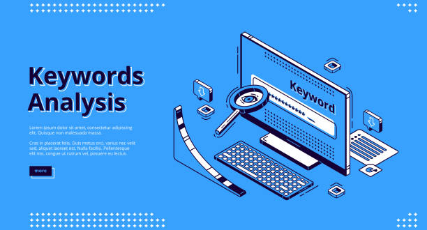 ilustraciones, imágenes clip art, dibujos animados e iconos de stock de página de inicio isométrica de la herramienta seométrica de análisis de palabras clave - single word keywords seo key