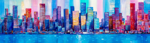 istock Abstract painting of skyscrapers on the ocean. 1208503684