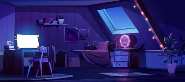 Girl bedroom interior on attic at night Girl bedroom interior on attic at night. Vector cartoon mansard teenager room with unmade bed, glowing computer screen, moonlight from window in roof and lamps bedroom illustrations stock illustrations