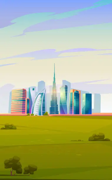 Vector illustration of Dubai, UAE skyline with world famous buildings