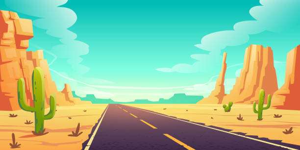 illustrazioni stock, clip art, cartoni animati e icone di tendenza di paesaggio desertico con strada, cactus e rocce - panoramic wild west desert scenics