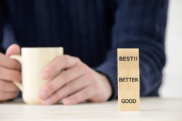 Evaluation images with wooden blocks with good, better and best words