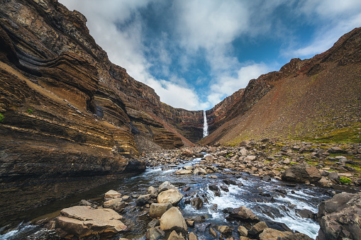 Famous Hengifoss waterfall (east Iceland). Low angle view.