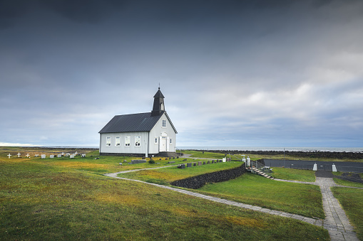 Small church (Strandarkirkja) on Icelandic coast (Reykjanes peninsula).