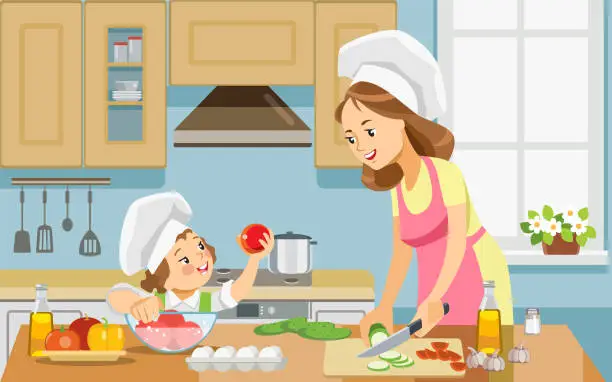 Vector illustration of Mother and kid girl preparing healthy food at home together. Best mom ever. Mother and daughter cooking food together. Concept motherhood child-rearing. Vector illustration.
