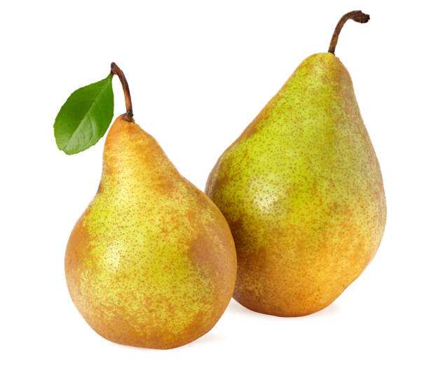 istock ripe green pears with leaf isolated on white background. 1208512813