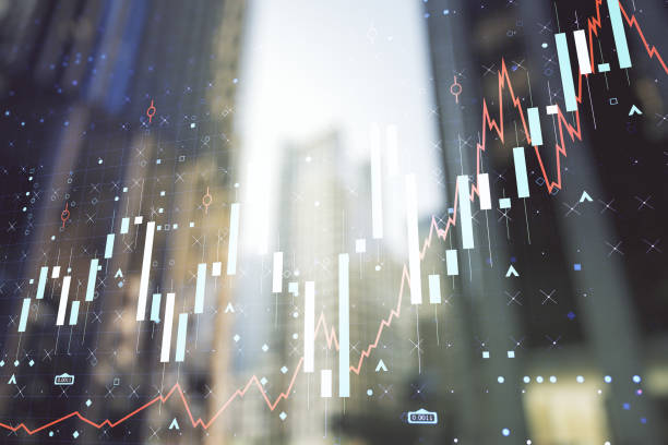 istock Multi exposure of abstract financial chart on office buildings background, research and analytics concept 1208512873