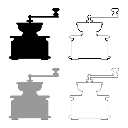 Coffee grinder Mill manual manufacture classic vintage style icon outline set black grey color vector illustration flat style simple image
