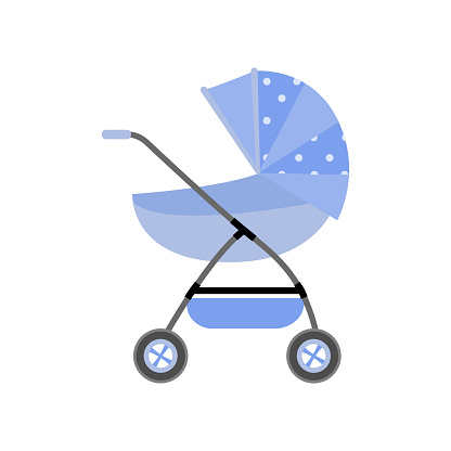 Cute newborn blue stroller with dotted material and additional basket, modern design. Flat style. Vector illustration on white background