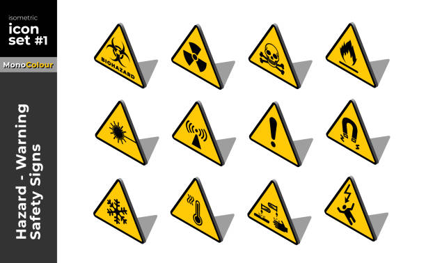 위험 경고- 주의 안전 표지판 평면 등각투영 아이콘 세트 그림 - toxic waste biochemical warfare biohazard symbol dirty stock illustrations