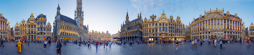 City's Town Hall on Grand Place (Grote Markt), the central square of Brussels with tourist's. It is surrounded by opulent guildhalls and two larger edifices.