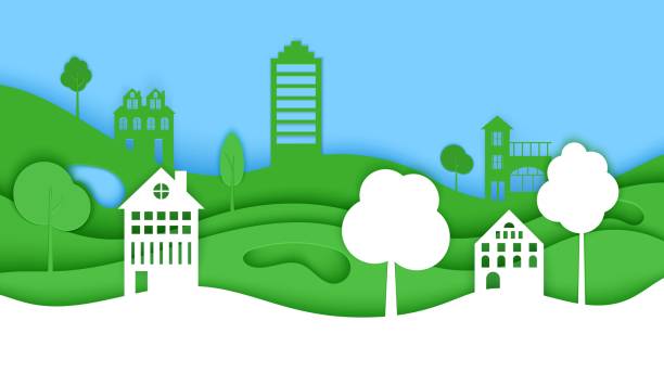 istock Cutout paper trees and building green wave and blue sky. Template in cut paper style for save the Earth posters, city ecology brochures, ienvironmental Protection. Vector horizontal illustration 1208521215