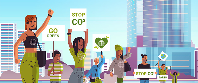 environmental activists holding posters go green save planet strike concept protesters campaigning to protect earth demonstrating against global warming portrait cityscape background horizontal vector illustration