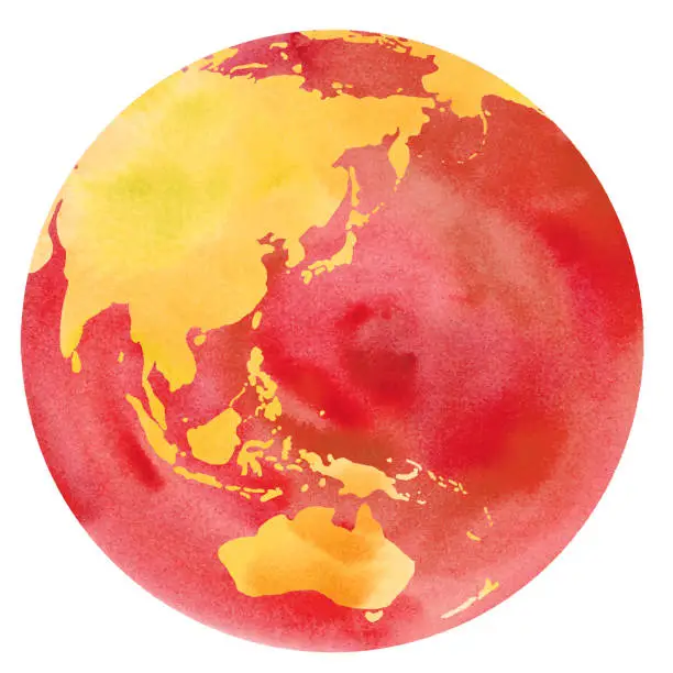 Vector illustration of Trace vector of watercolor illustration of global warming (Japan, Asia, Australia, China, Indonesia, Pacific)