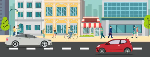 Vector illustration of Cityscape with people walking and car on street vector illustration.Business buildings and business man walk.Urban city with car on road.Business town scene