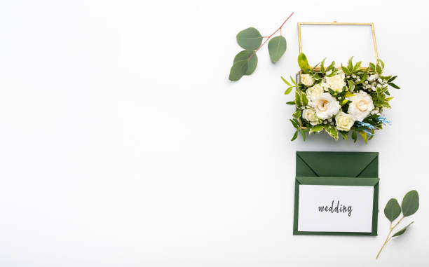 istock Craft green envelope with beautiful postcard with invitation text 1208522920
