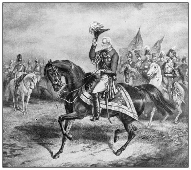 antyczne ilustracje ważnych ludzi z przeszłości: przegląd brytyjskiej armii arthur wellesley, książę wellington - duke stock illustrations