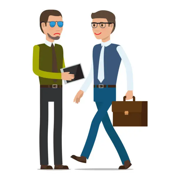 Vector illustration of One Man Shows Tablet to Another Man with Suitcase