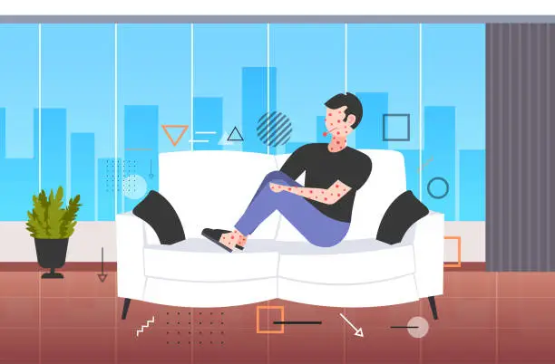 Vector illustration of sick man with fever and red rash coronavirus infection symptoms epidemic MERS-CoV virus wuhan 2019-nCoV pandemic health risk concept living room interior full length horizontal