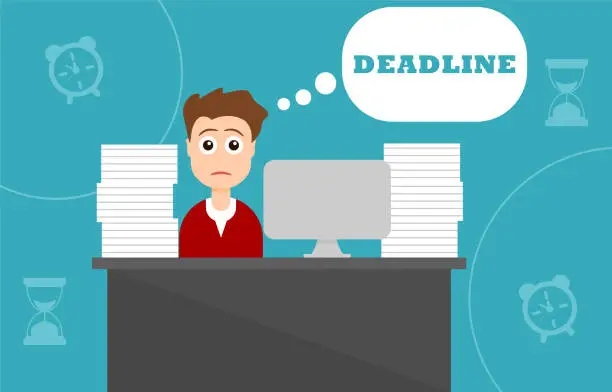 Vector illustration of Deadline. Young man sitting in the office thinks about the deadline.