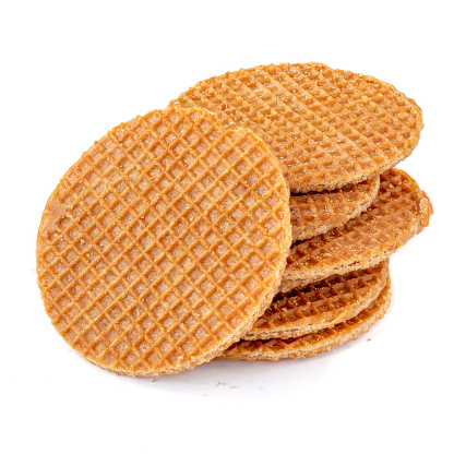 Dutch Caramel waffle, stacked round stroopwafel isolated on a white background