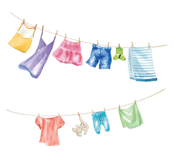 ilustrações, clipart, desenhos animados e ícones de várias ilustrações de aquarela de lavanderia penduradas em uma corda - laundry clothing clothesline hanging