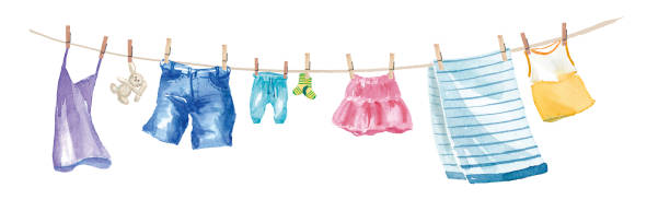 ilustrações, clipart, desenhos animados e ícones de várias roupas na corda (saia, toalha, meias, calças, jeans, roupas infantis, camisola) ilustram vetor de ilustração - laundry clothing clothesline hanging