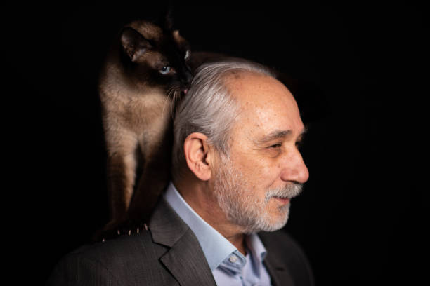 Senior man having fun with his cat