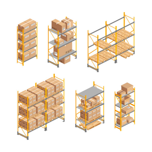 ilustrações de stock, clip art, desenhos animados e ícones de big isometric warehouse rack with boxes set - gondola