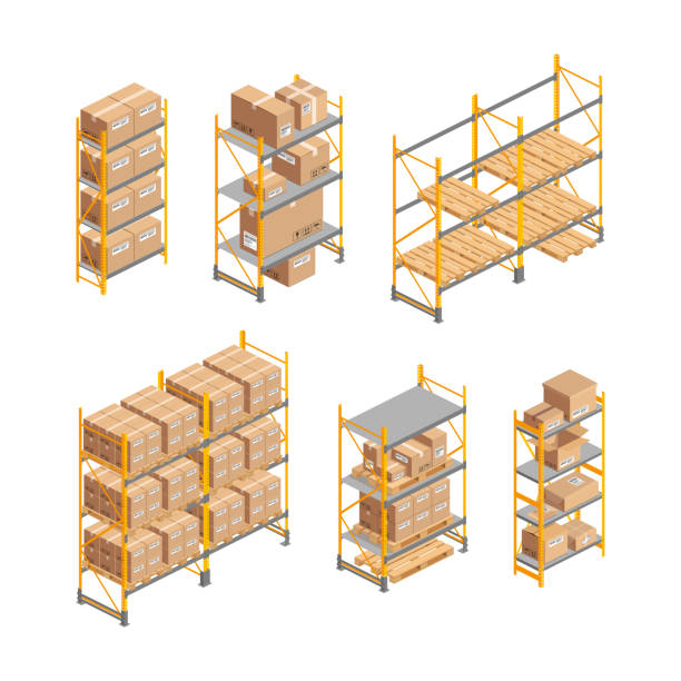 Big isometric warehouse rack with boxes set Isometric warehouse rack set with pallet, boxes isolated on white. 3d metallic shelves. Storage equipment vector illustration. Logistic and delivery service element for web, design, infographics, apps warehouse clipart stock illustrations