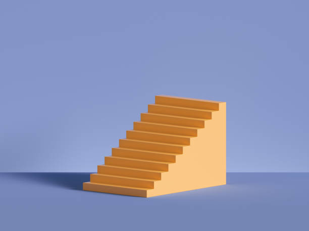 istock 3d render, abstract minimal background. Yellow steps, stairs isolated on violet. Blank pedestal, empty podium. Architectural element, primitive shape. Product showcase. Career metaphor 1208535570