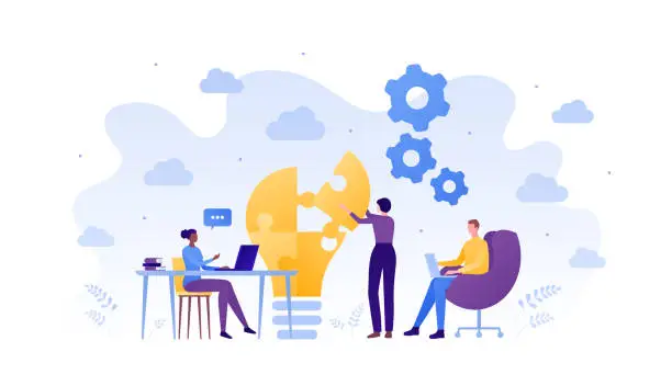 Vector illustration of Business teamwork success concept. Vector flat people illustration. Male and female sitting with laptop and woman placing piece of puzzle. Design element for banner, poster, background.