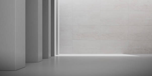 istock Abstract of architecture space with rhythm of concrete block with sun light cast shadow on the wall. Cement texture. 3D rendering. 1208539084