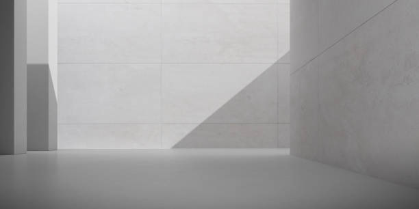 istock Abstract of architecture space with rhythm of concrete block with sun light cast shadow on the wall. Cement texture. 3D rendering. 1208539089