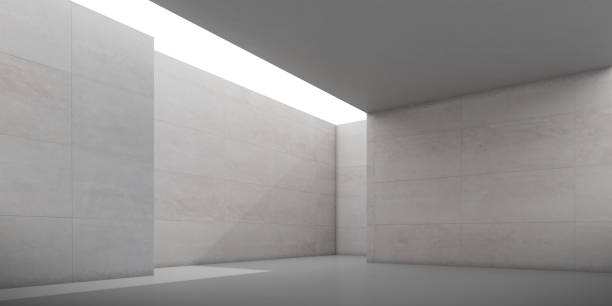istock Abstract of architecture space with rhythm of concrete block with sun light cast shadow on the wall. Cement texture. 3D rendering. 1208539302