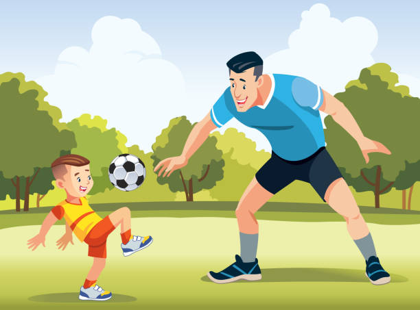 Young father with his little son playing football on football pitch at the day time. Concept of friendly family. Happy father s day. Vector illustration. Young father with his little son playing football on football pitch at the day time. Concept of friendly family. Happy father s day. Vector illustration boys soccer stock illustrations
