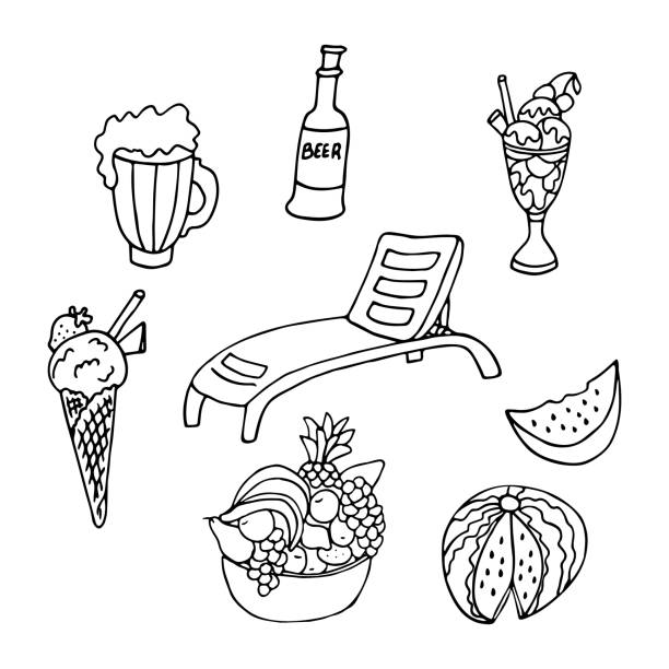 Set of summer beach vacation’s symbols in doodle style. Hand drawn set of summer beach vacation’s symbols  beach bed, beer, ice cream, fruits. Snacks and drinks. Doodle style in black ink on white background. Vector illustration. banana seat stock illustrations