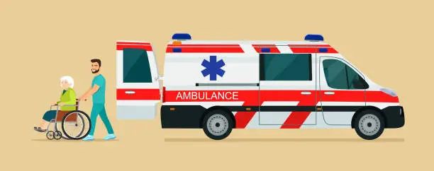 Vector illustration of Ambulance van, side view. Nurse strolling with elder grey haired woman in wheelchair. Vector flat style illustration.