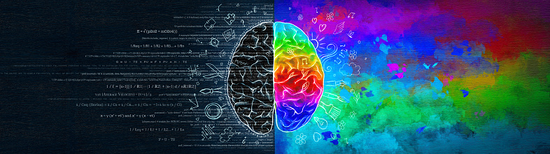 The Difference in the Work of the Right and Left Hemispheres of the Brain. Analytical Thinking Versus Abstract. Conceptual Ultrawide Illustration.