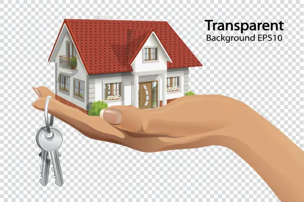 Vector illustration of 3d house in hand width key on tarnsparent background. House for sale or rent vector draw.
