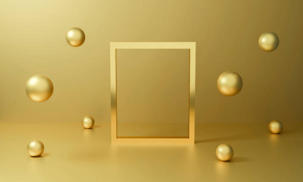 3d gold sphere abstract background gradient with geometric shape and reflection for banner, display on website. 3d render room wall in a gallery. Golden empty frame square with sphere metal ball.