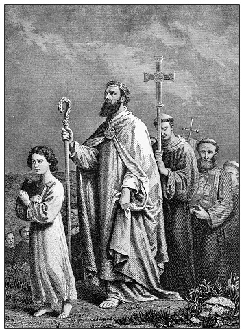 Antique illustration of important people of the past: St Patrick journeying to Tara