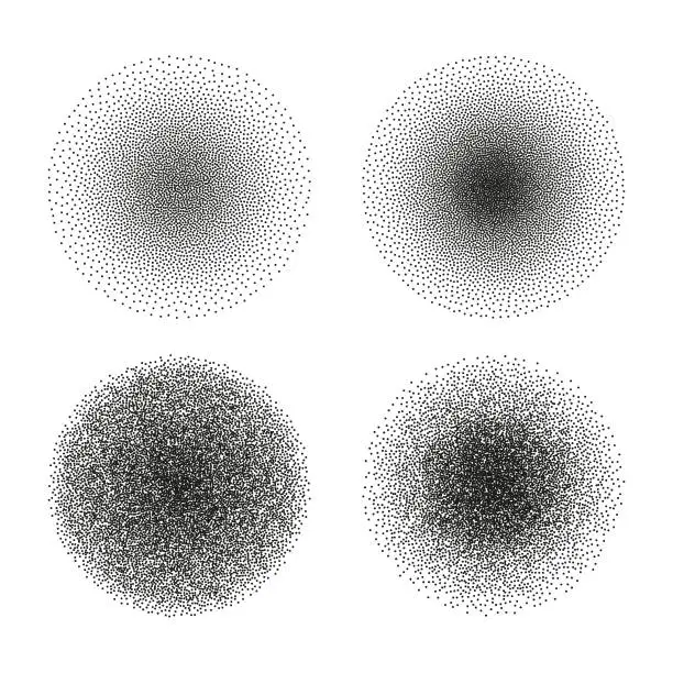 Vector illustration of Vector set of stipple circle textures. Dotted gradient halftone ink spray effect. Black ink dots on a white background